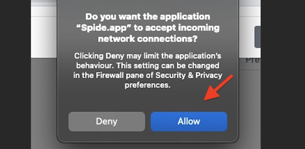 Install Spide app: Allow network connection